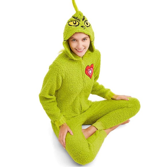 The Grinch Women's Union Suit Pajamas Green Red Heart NWT - Picture 3 of 6